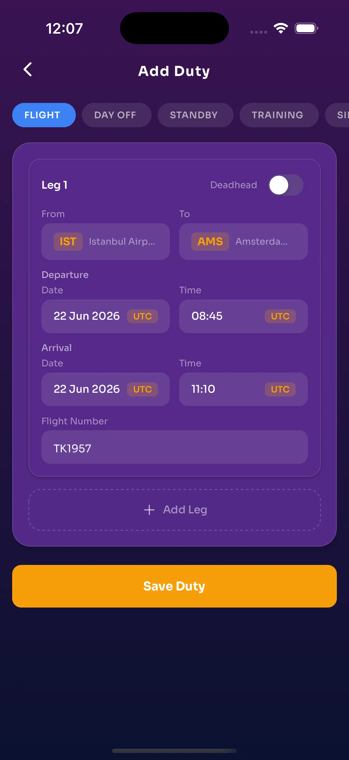 The Add Duty screen, with a flight leg from Istanbul to Amsterdam and departure and arrival times marked UTC.