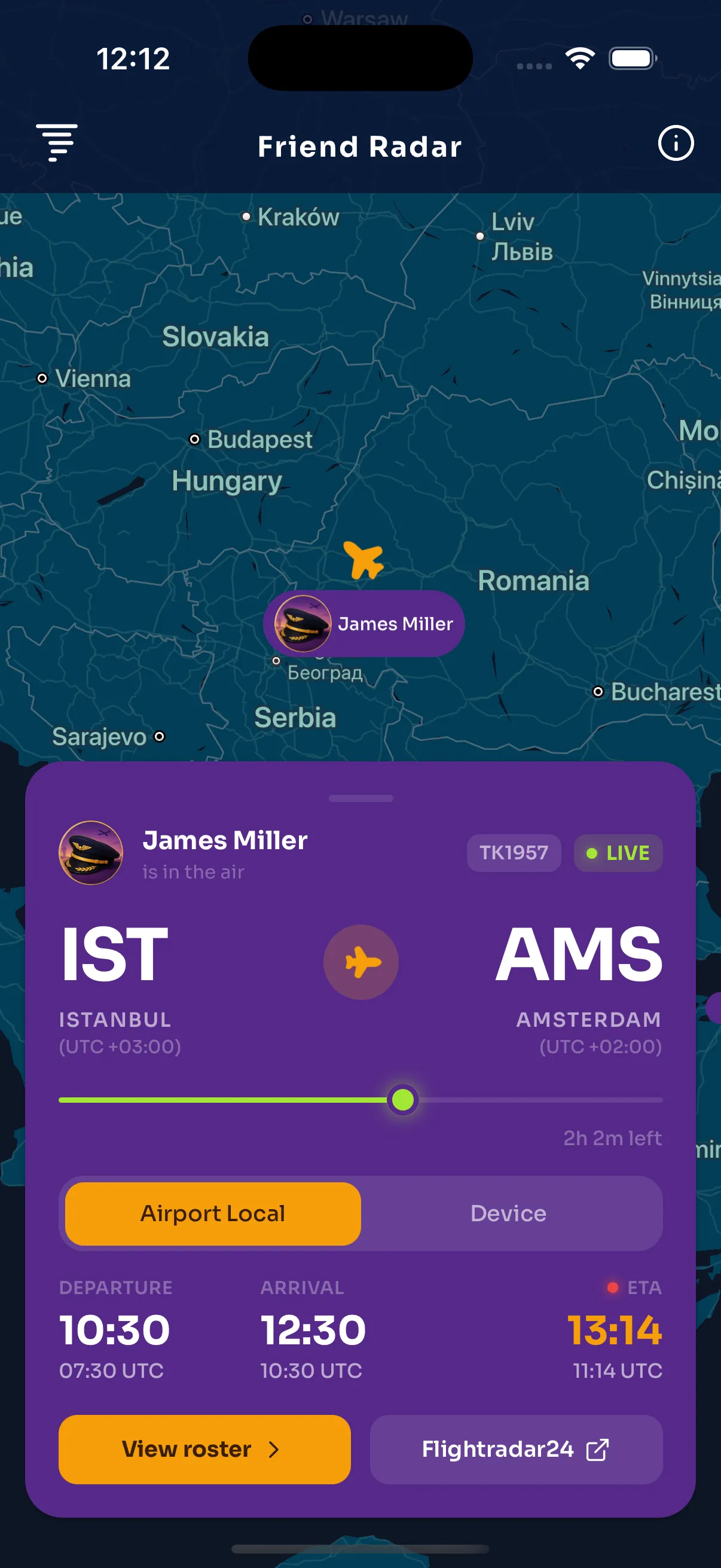 A flight card for an Istanbul to Amsterdam sector, showing progress along the route and an estimated arrival time.