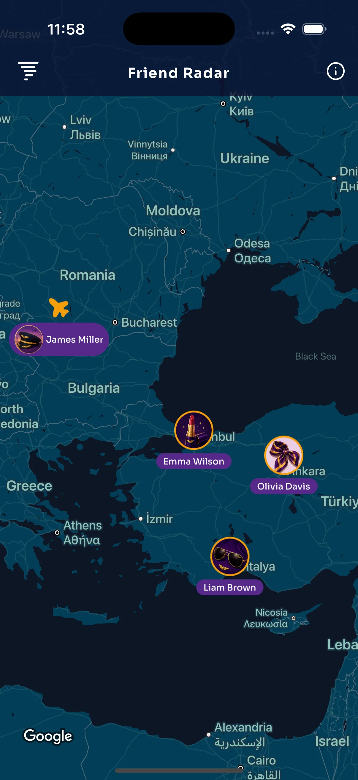 A map of Türkiye and the Black Sea with four crew friends pinned at Istanbul, Ankara, Antalya, and one in the air over Romania.