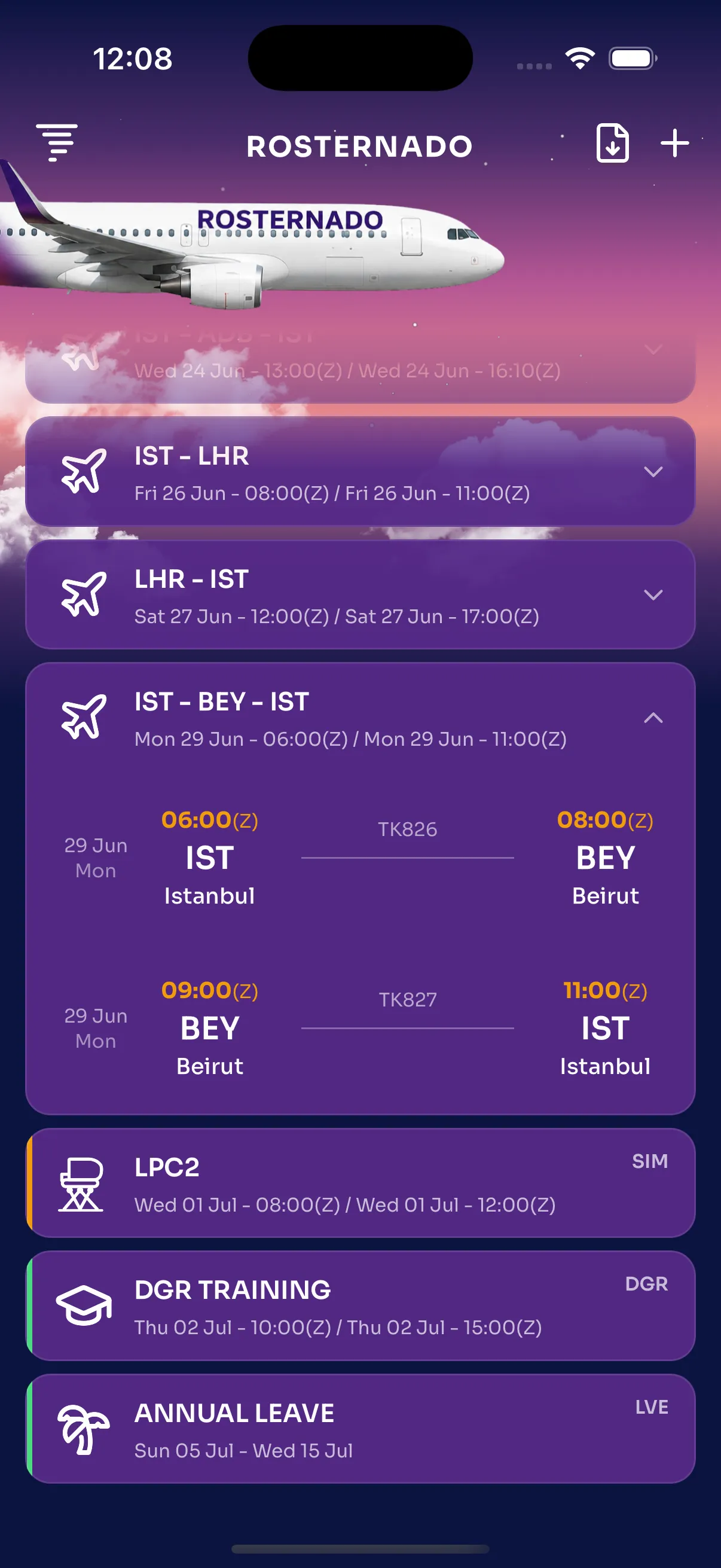 The Rosternado roster screen, showing a fortnight of duties: flights from Istanbul to London and Beirut, a simulator check, dangerous-goods training and annual leave.